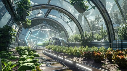 A futuristic solar punk greenhouse on a city's outskirts, blending advanced tech with traditional farming. Inside, genetically modified plants thrive, powered by renewable energy.