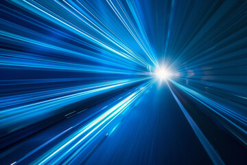 Abstract blue speed light background with laser beams and rays moving fast in a dark tunnel, in the style of technology concept