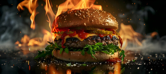 A juicy burger with flames engulfing it, a delicious and tempting image.