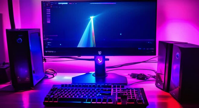 Futuristic gaming room with computers and RGB LED lights