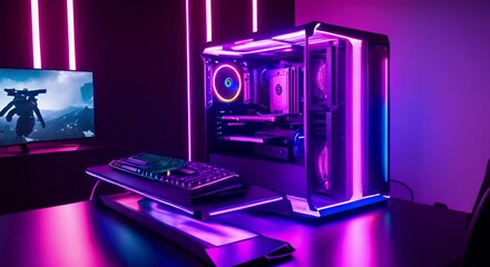 Futuristic gaming room with computers and RGB LED lights