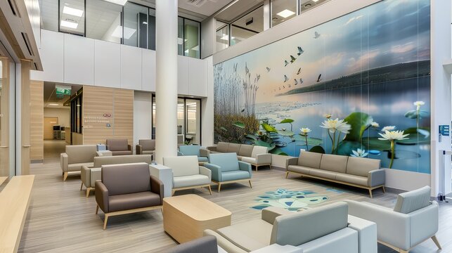 A modern, open-plan hospital waiting area with modular seating that can be rearranged to suit different group sizes, set against a backdrop of soothing wall murals.