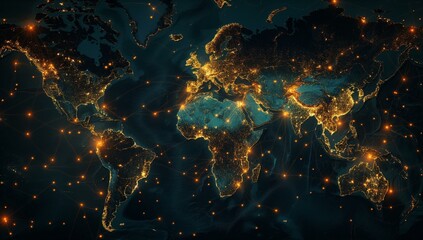 world map depicting glowing city lights interconnected by bright lines, illustrating global connectivity and communication. The vibrant illumination highlights population centers and their linkages