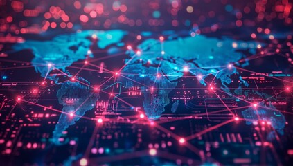 A vibrant digital map of the world showcasing interconnected lines representing global networks. The map highlights connectivity across continents, conveying a sense of modern technology