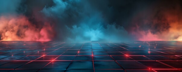 Fototapeta premium A captivating digital artwork featuring an empty tile floor with glowing light patterns. The background is enveloped in colorful, mist-like fog creating an ethereal atmosphere.