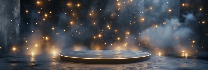 A circular podium bathed in soft, ambient lighting with mist and bright star-like lights illuminating a dark background, creating a mystical and ethereal atmosphere.