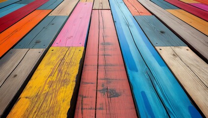 vivid and vibrant image showcasing an assortment of colorful wooden planks arranged in parallel, each painted in distinct hues including blue, red, pink, orange, yellow, and more. The planks display