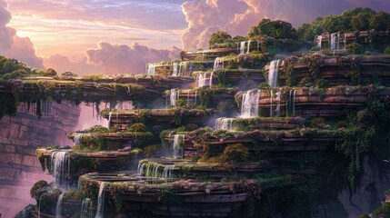 Obraz premium A panoramic fantasy vista of layered rock terraces, each level thriving with exotic flora, cascading waterfalls connecting each tier, under a pastel-colored sky.