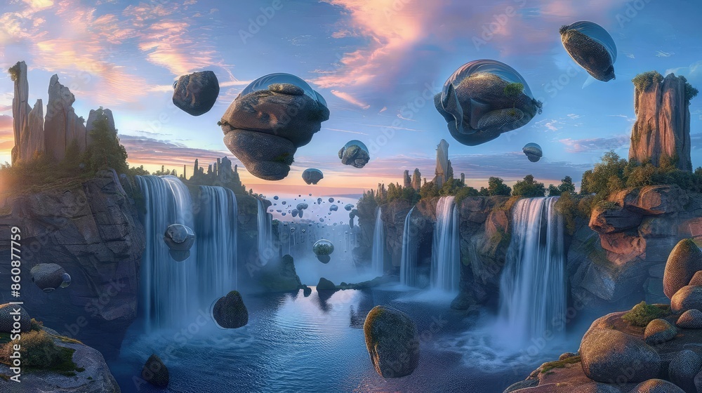 Canvas Prints a panoramic view of a fantasy landscape where rocks and boulders float in the air, surrounded by cas
