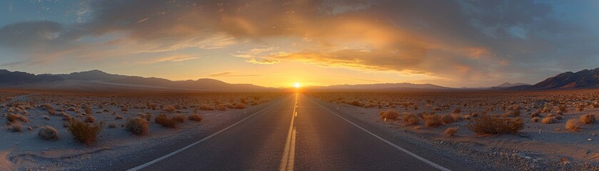 Endless Journey: Straight Road in Death Valley Piercing through the Sunset Horizon
