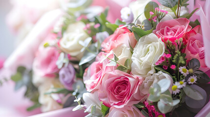 Two wedding bouquets in pink and white wrapping paper and other colours Selective focus Closeup : Generative AI