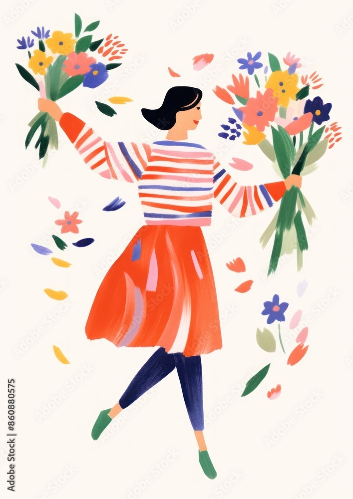 Canvas Prints A woman holding a bouquet of flowers painting pattern art.