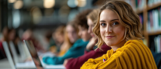 A group of people are sitting in a library, with one woman in a yellow sweater