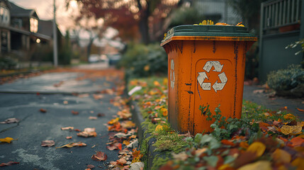Orange recycle bin in the front yard of a house. realistic photo with text place