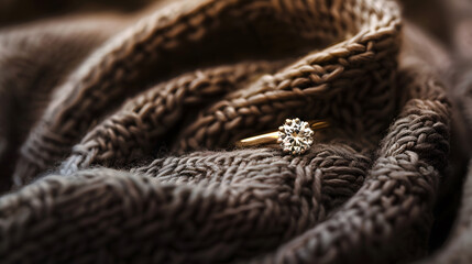 Obraz premium Close up of elegant diamond ring on woman finger with dark brown scarf background soft and selective focusLove and wedding concept : Generative AI