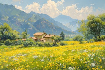 Fototapeta premium The village cottage under the high mountain, yellow flowers blooming all over the grassland