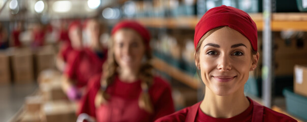A woman in a red shirt and a red hat is smiling