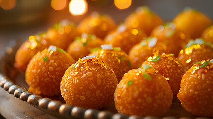 Bundi laddu dessert made during indian festival It is famous dessert which made in every home during special occasion such as wedding or various festivals Used selective focus : Generative AI