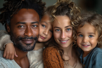 A family of four, including a man and three children, are smiling