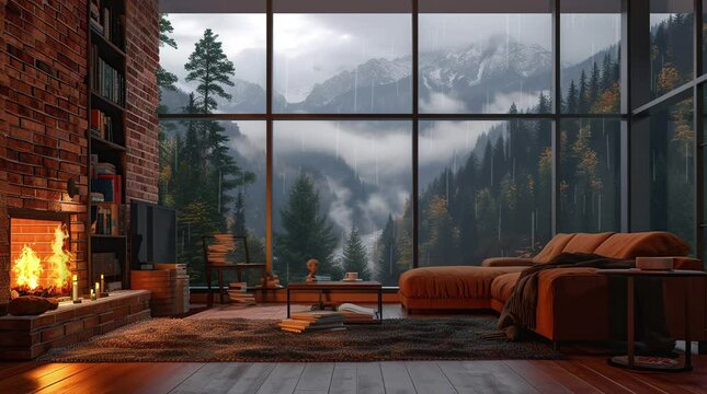 Cozy room with sofa by window on a rainy day. Comfortable indoor scene with rainy ambiance.
 Seamless looping 4k time-lapse virtual video animation background. Generated AI