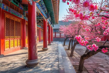 Red palace walls, pink flowers