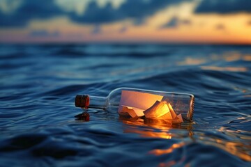 Paper role in a bottle floating on water outdoors nature ocean.