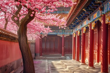 Fototapeta premium Red palace walls, pink flowers