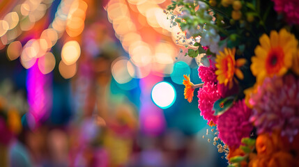Selective focus on the colorful stage decoration with bright shade of color for bride and groom in the sangeet night of traditional indian wedding party celebration with blurry foregro : Generative AI