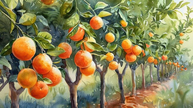 Citrus fruits on trees in a Mediterranean garden, watercolor, bright charm