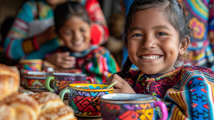 Latin girl smiling and having breakfast with family wearing traditional clothes