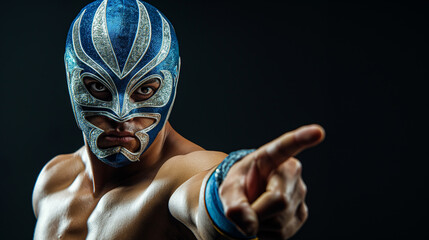 Masked luchador is pointing his finger in a threatening way