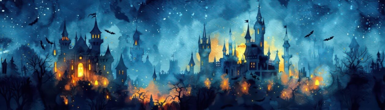 Gothic castle with flickering lights and eerie shadows, Halloween theme, watercolor, spooky enchantment