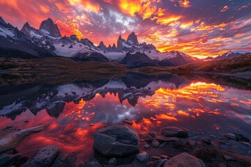 Naklejka premium In the evening, the red sunset shines on the snow capped mountains and the reflection on the lake surface