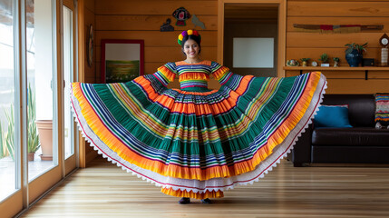 Obraz premium Mexican woman wearing colorful folkloric dress posing at home