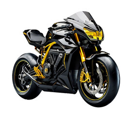 Black humanoid sport motorcycle with yellow ascent isolated on transparent background.  Generative AI.