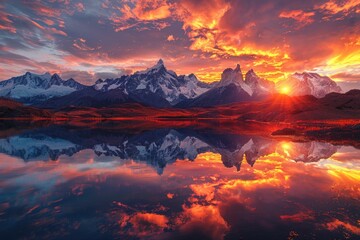 Fototapeta premium In the evening, the red sunset shines on the snow capped mountains and the reflection on the lake surface