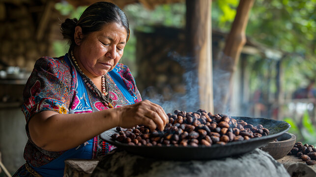 Mexican woman roasting cacao beans in comal