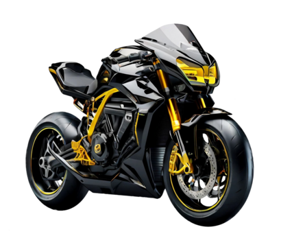 Black humanoid sport motorcycle with yellow ascent isolated on transparent background.  Generative AI.
