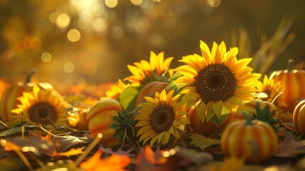 Autumn Sunflowers and Pumpkins in Golden Light, Generative AI