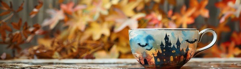 Fototapeta premium Haunted castle on a teacup with eerie silhouettes, Halloween theme, watercolor, ghostly allure