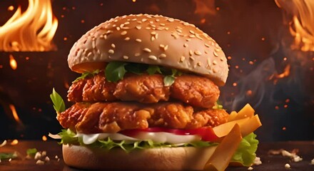 Delicious spicy fried chicken burger with burning fire on dark background