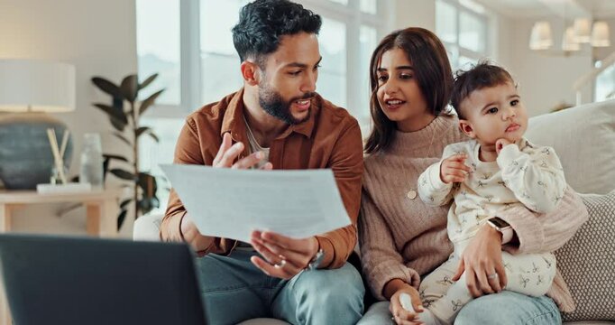 Laptop, baby and home with mom, dad and paperwork for insurance and investment document. Love, care and father with contract and website with family and computer in a living room with reading