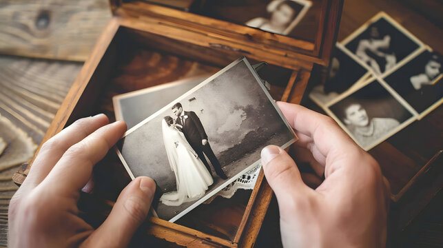 selective focus printed wedding photos a wooden box and hands with a flash drive the concept of preserving the memory of an important event the services of a professional photographer : Generative AI