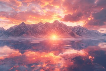 In the evening, the red sunset shines on the snow capped mountains and the reflection on the lake surface