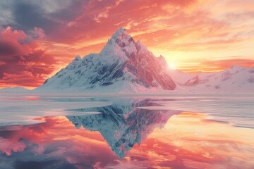 In the evening, the red sunset shines on the snow capped mountains and the reflection on the lake surface