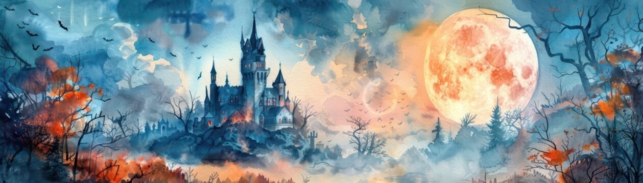 Haunted castle with spectral mists and full moon, Halloween theme, watercolor, chilling charm