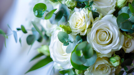 Obraz premium Details of the wedding morning Wedding bouquet Brides bouquet of rose flowers white eustoma and green eucalyptus selective focus : Generative AI
