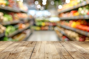Fototapeta premium Top view of glossy wooden table with supermarket grocery store blurred background.