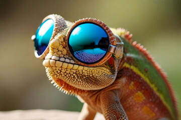 Cold blooded chameleon animal head closeup wearing big blue sunglasses against green blurred background.