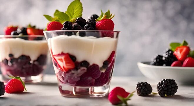 A glass of yogurt parfait with blackberries and strawberries on the table